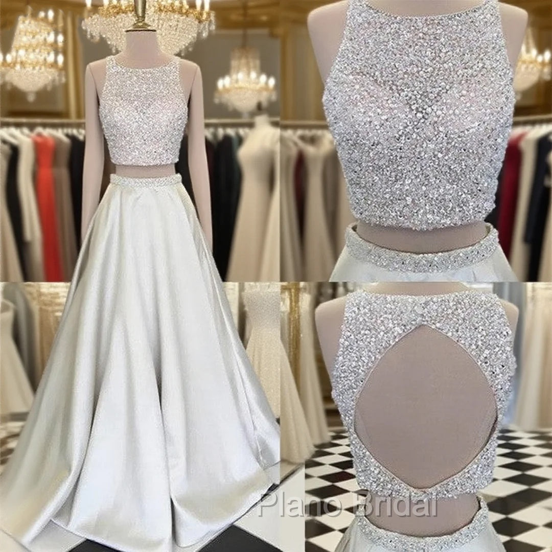Unique Round Neck Sequin Formal Prom Dresses, Two Pieces Long Evening Dresses Main image