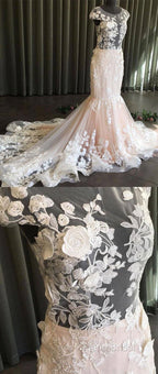 Unique Round Neck Tulle Lace Long Formal Prom Dresses, Lace Formal Dresses