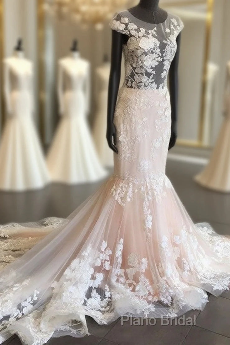 Unique Round Neck Tulle Lace Long Formal Prom Dresses, Lace Formal Dresses
