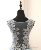 Unique Round Neck Tulle Lace Long Prom Dress, Long Evening Dress