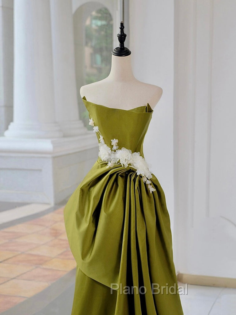 Unique Satin Flower Green Long Formal Prom Dresses, Green Long Formal Dresses