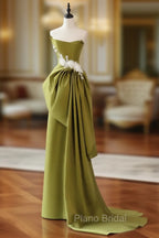 Unique Satin Flower Green Long Formal Prom Dresses, Green Long Formal Dresses