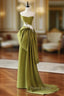Unique Satin Flower Green Long Formal Prom Dresses, Green Long Formal Dresses