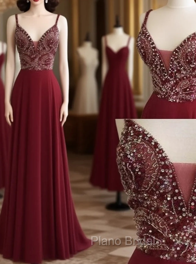 Unique Sequin Beads Burgundy Long Formal Prom Dresses, Formal Dresses
