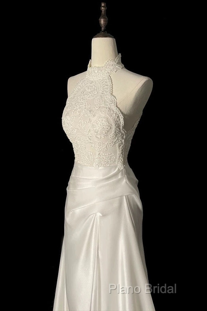 Unique Sheath High Neckline Satin Lace Ivory Wedding Dresses