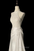 Unique Sheath High Neckline Satin Lace Ivory Wedding Dresses