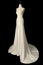 Unique Sheath High Neckline Satin Lace Ivory Wedding Dresses