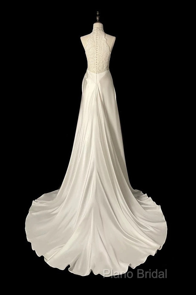 Unique Sheath High Neckline Satin Lace Ivory Wedding Dresses