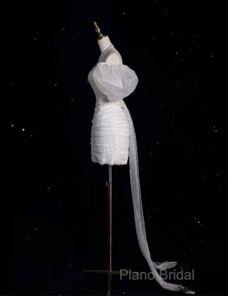 Unique Sheath Off The Shoulder Sequin Short Sleeves White Wedding Dresses Brides Dresses