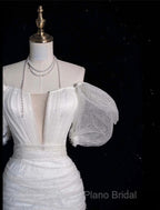 Unique Sheath Off The Shoulder Sequin Short Sleeves White Wedding Dresses Brides Dresses