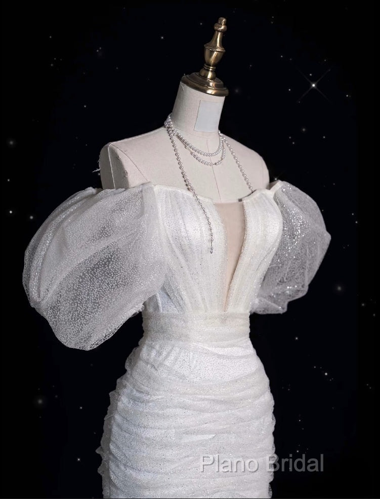 Unique Sheath Off The Shoulder Sequin Short Sleeves White Wedding Dresses Brides Dresses