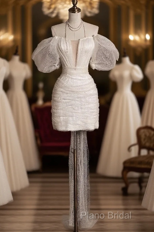 Unique Sheath Off The Shoulder Sequin Short Sleeves White Wedding Dresses Brides Dresses