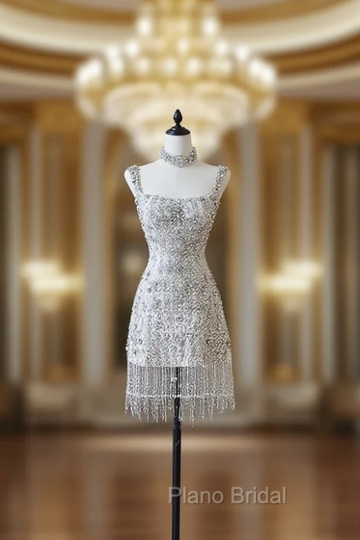 Unique Sheath Spaghetti Straps Silver Wedding Dresses Brides Dresses