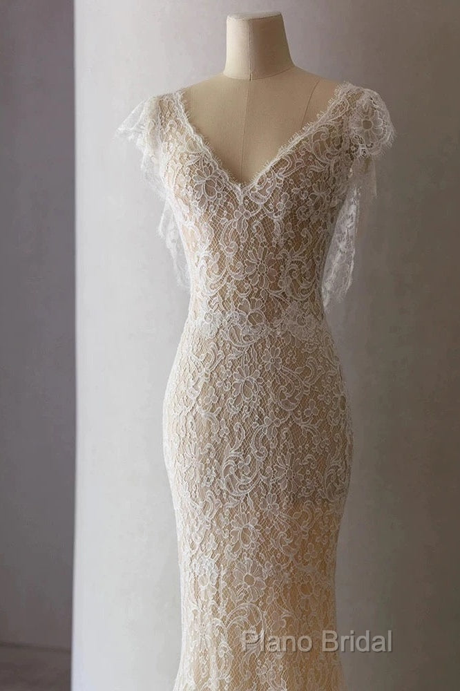 Unique Sheath V Neckline Cap Sleeves Lace Ivory Wedding Dresses