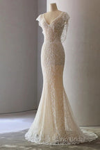 Unique Sheath V Neckline Cap Sleeves Lace Ivory Wedding Dresses