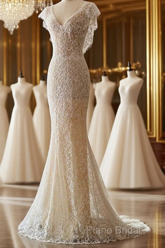 Unique Sheath V Neckline Cap Sleeves Lace Ivory Wedding Dresses Main image