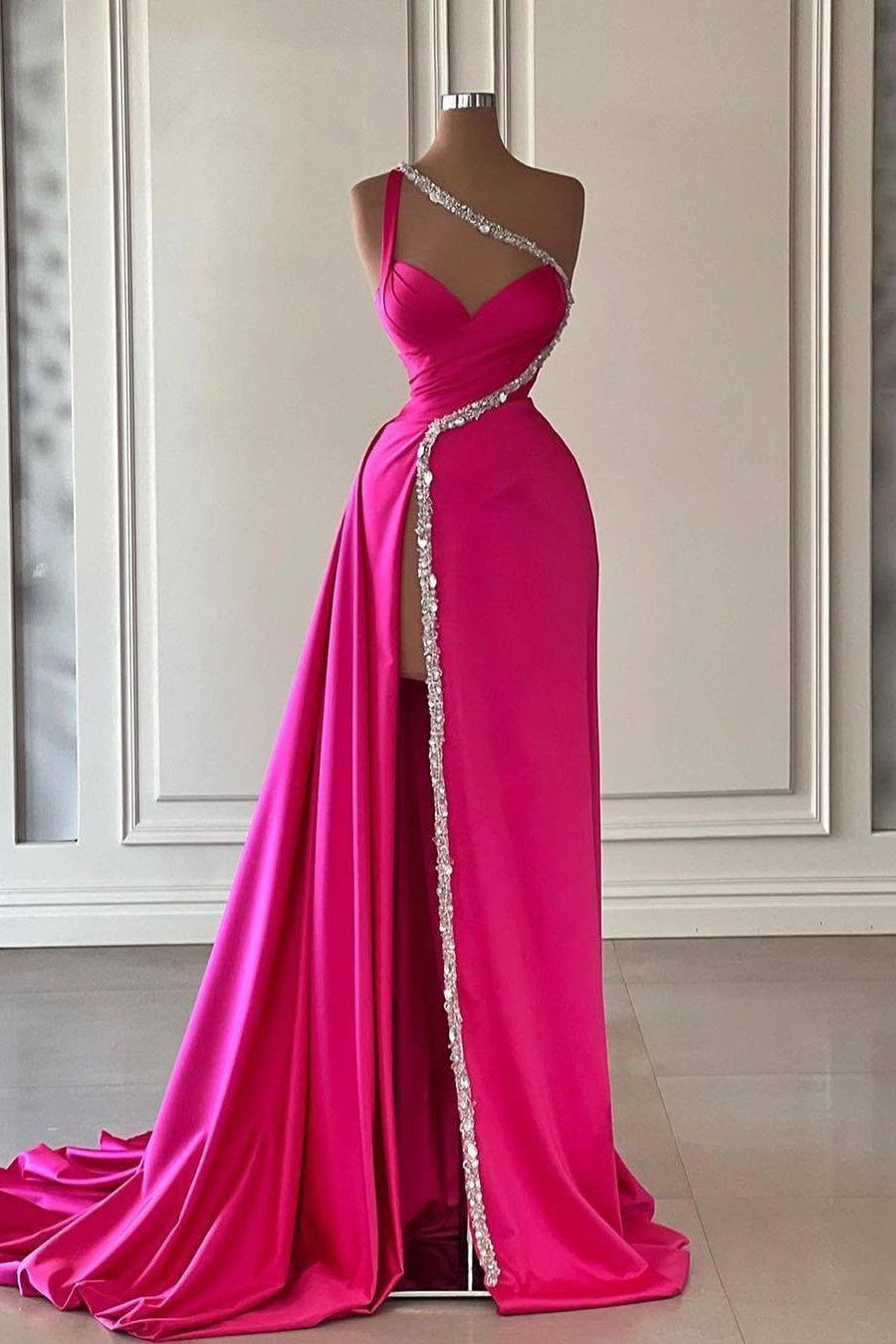Unique Silver Beaded High Split Court Train Mermaid One Shoulder Prom Dresses Secondary image