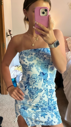 Unique Strapless Blue Satin Print Floral Sheath Short Cocktail Dresses Formal Homecoming Dresses