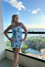 Unique Strapless Blue Satin Print Floral Sheath Short Cocktail Dresses Formal Homecoming Dresses
