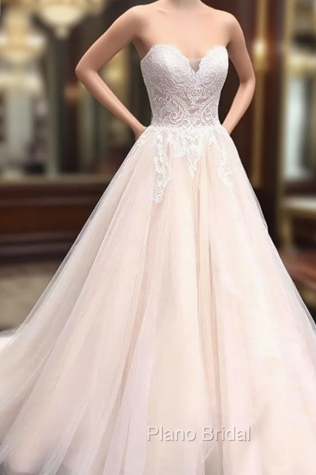 Unique Sweetheart Neck Tulle Lace Applique Long Wedding Dresses, Lace Bridal Dresses