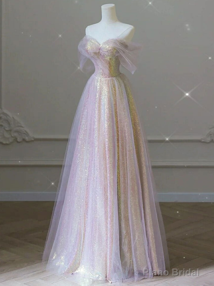 Unique Sweetheart Neck Tulle Sequin Long Prom Dress Tulle Party Dress Main image