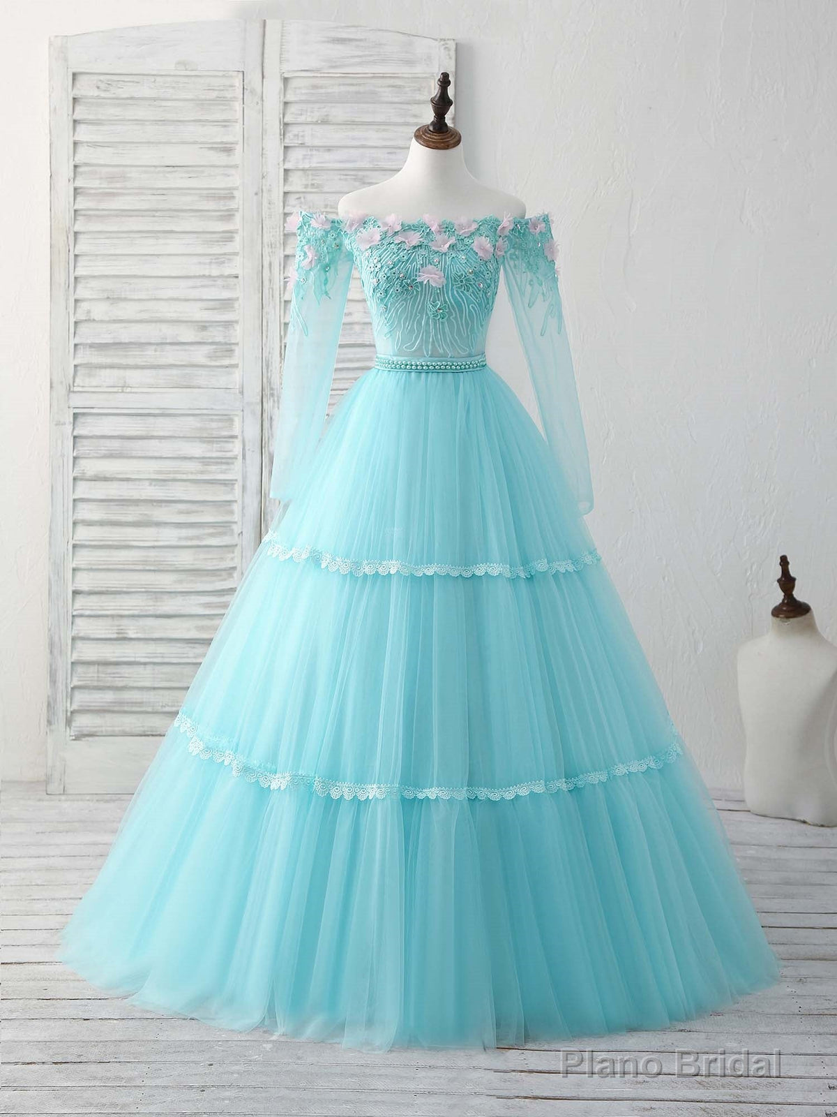 Unique Tulle Lace Applique Long Prom Dress, Green Evening Dress Main image