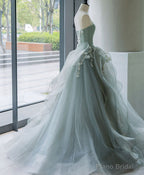 Unique Tulle Lace Gray Green Long Prom Gown, Tulle Lace Evening Dress