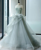 Unique Tulle Lace Gray Green Long Prom Gown, Tulle Lace Evening Dress