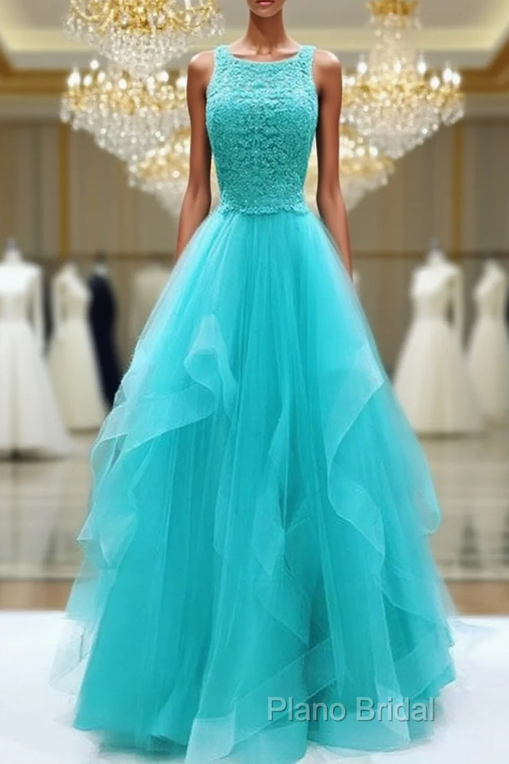 Unique Tulle Lace Long Formal Prom Dresses, Tulle Formal Dresses