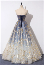 Unique A Line Strapless Blue Ombre Tulle Long Formal Prom Dresses Formal Evening Dresses