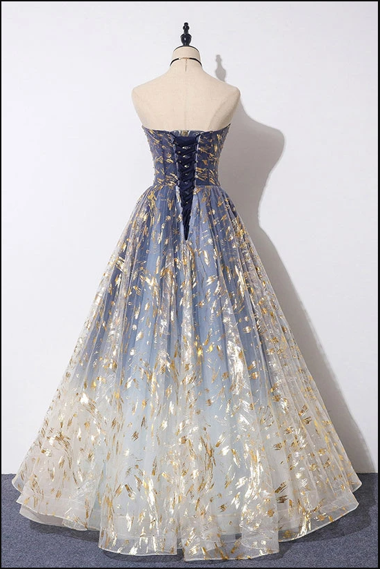 Unique A Line Strapless Blue Ombre Tulle Long Formal Prom Dresses Formal Evening Dresses