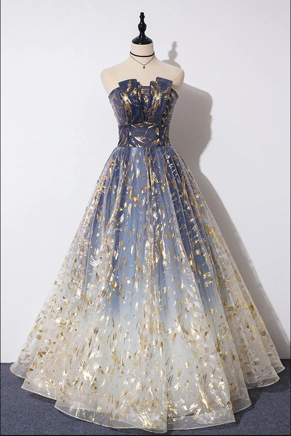 Unique A Line Strapless Blue Ombre Tulle Long Formal Prom Dresses Formal Evening Dresses