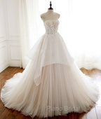 Unique Tulle Lace Long Formal Prom Dresses, Tulle Lace Wedding Dresses