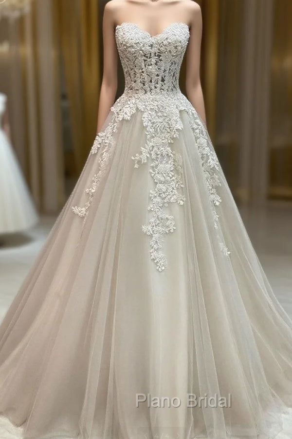 Unique Tulle Lace Long Wedding Dresses, Tulle Lace Bridal Dresses