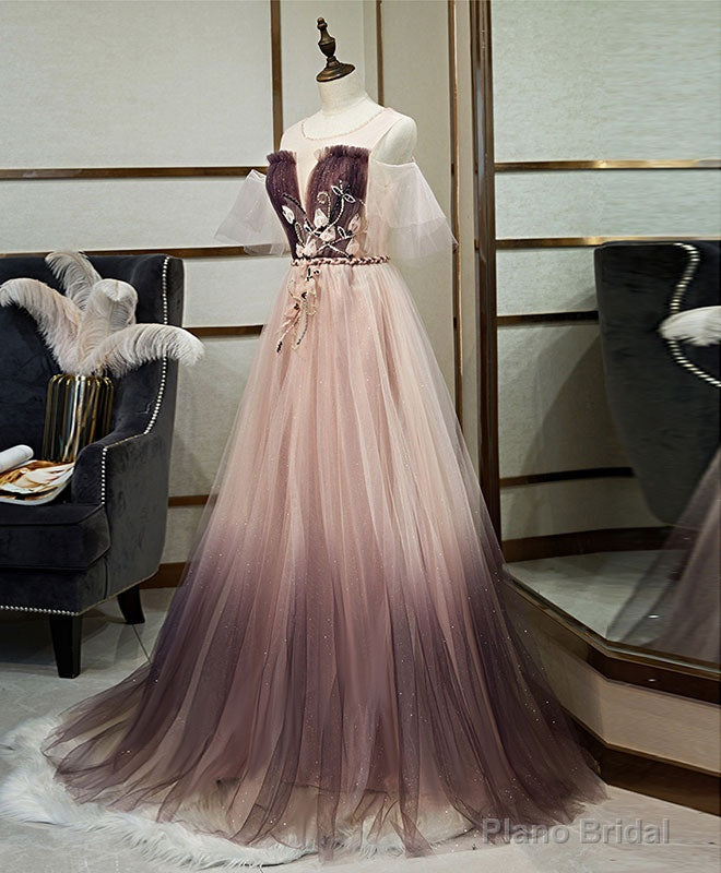 Unique Tulle Round Neck Lace Long Prom Dress Tulle Evening Dress Main image