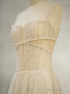 Unique Tulle Sequin Long Prom Dress, Tulle Sequin Graduation Dresses