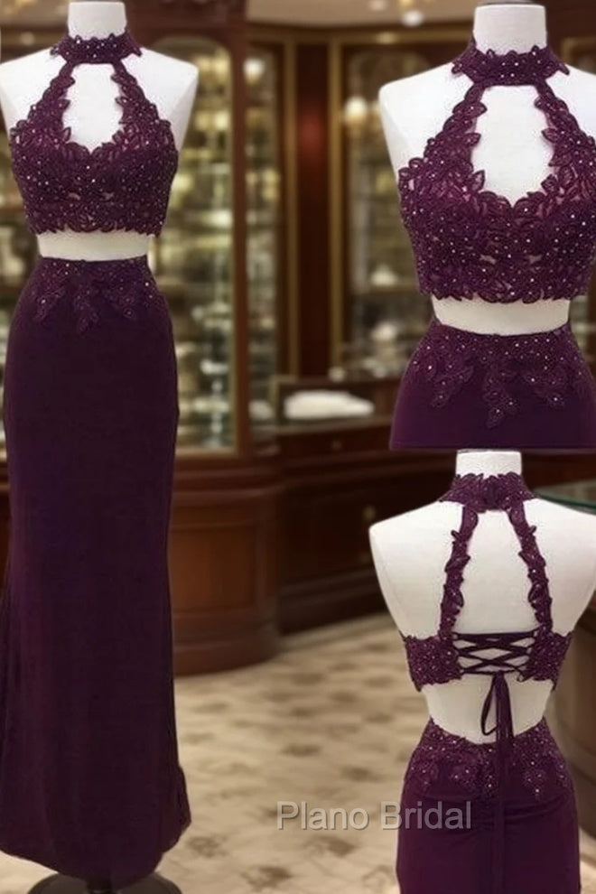 Unique Two Pieces Lace Applique Long Formal Prom Dresses, Lace Evening Dresses Main image