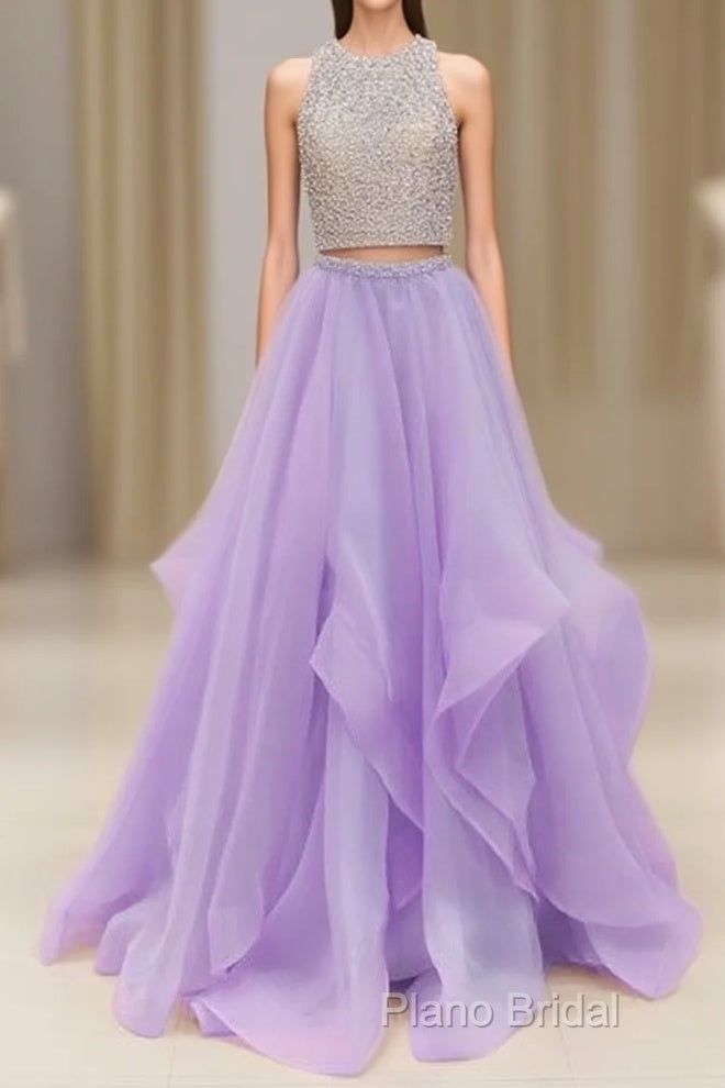 Unique Two Pieces Sequin Purple Long Formal Prom Dresses, Purple Formal Dresses Main image