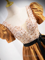 Unique V-Neck Beaded Floor Length Formal Prom Dresses, Beautiful A-Line Short Sleeve Party Dresses