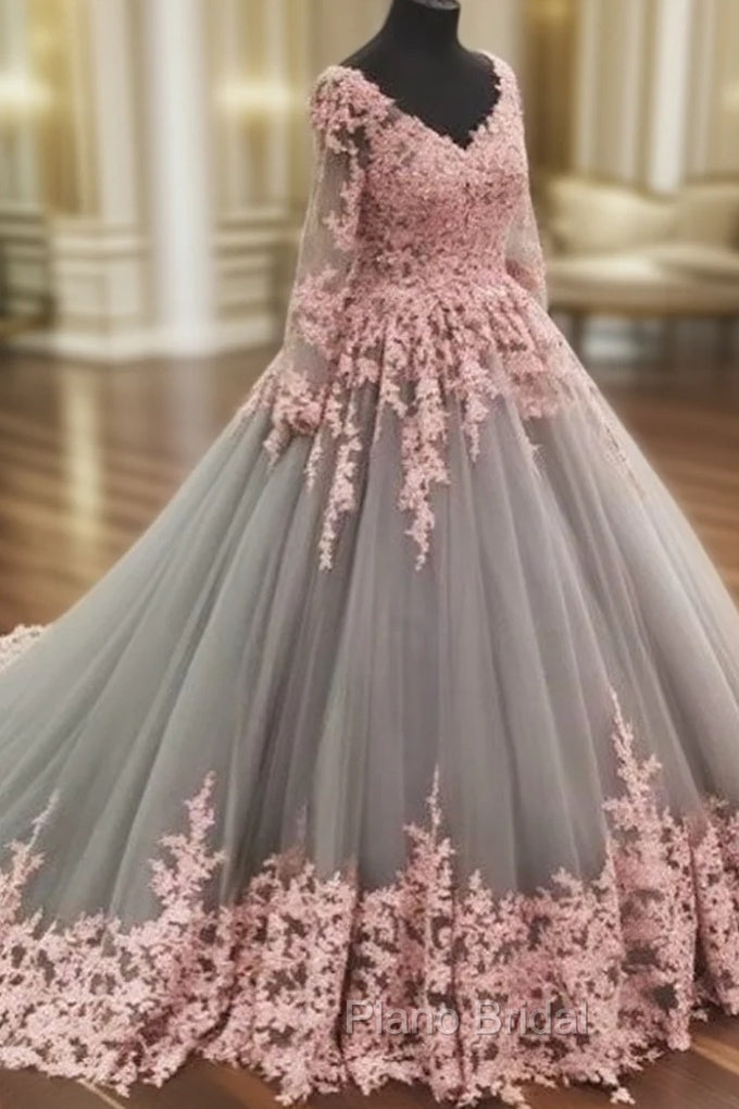 Unique V Neck Pink Lace Tulle Long Formal Prom Dresses, Pink Lace Tulle Wedding Dresses Main image