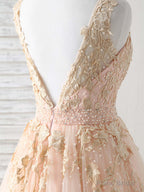 Unique V Neck Tulle Lace Applique Long Prom Dress, Evening Dress