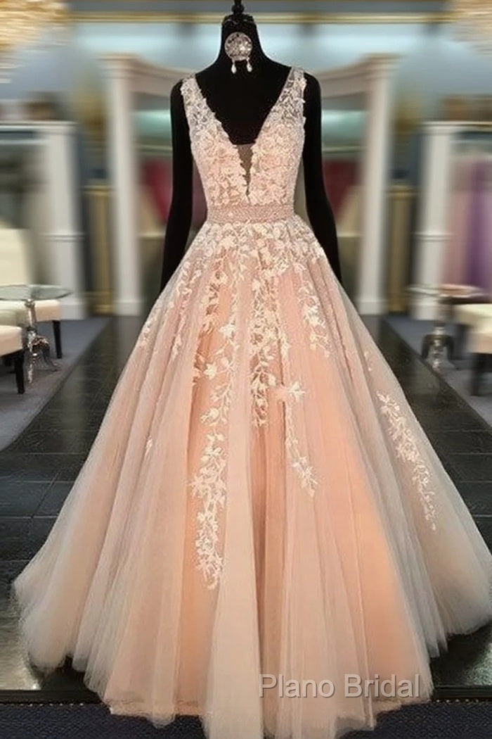 Unique V Neck Tulle Lace Long Formal Prom Dresses For Teens, Formal Dresses Main image
