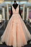 Unique V Neck Tulle Lace Long Formal Prom Dresses For Teens, Formal Dresses