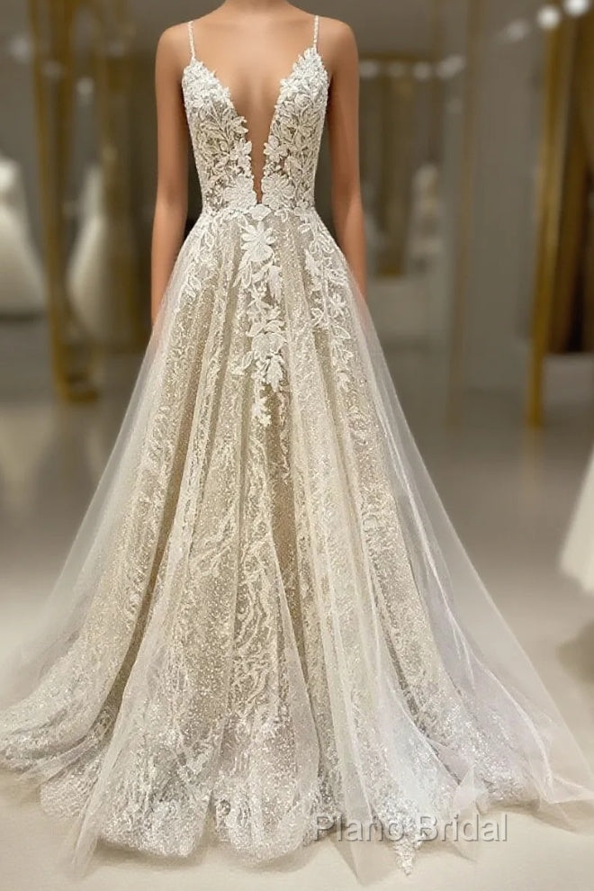 Unique V Neck Tulle Lace Long Formal Prom Dresses Lace Tulle Formal Dresses Main image