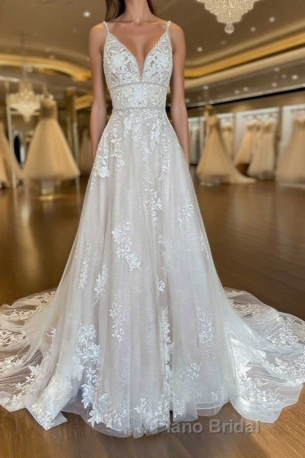 Unique v neck tulle lace long Formal Prom dress, lace wedding dress Main image