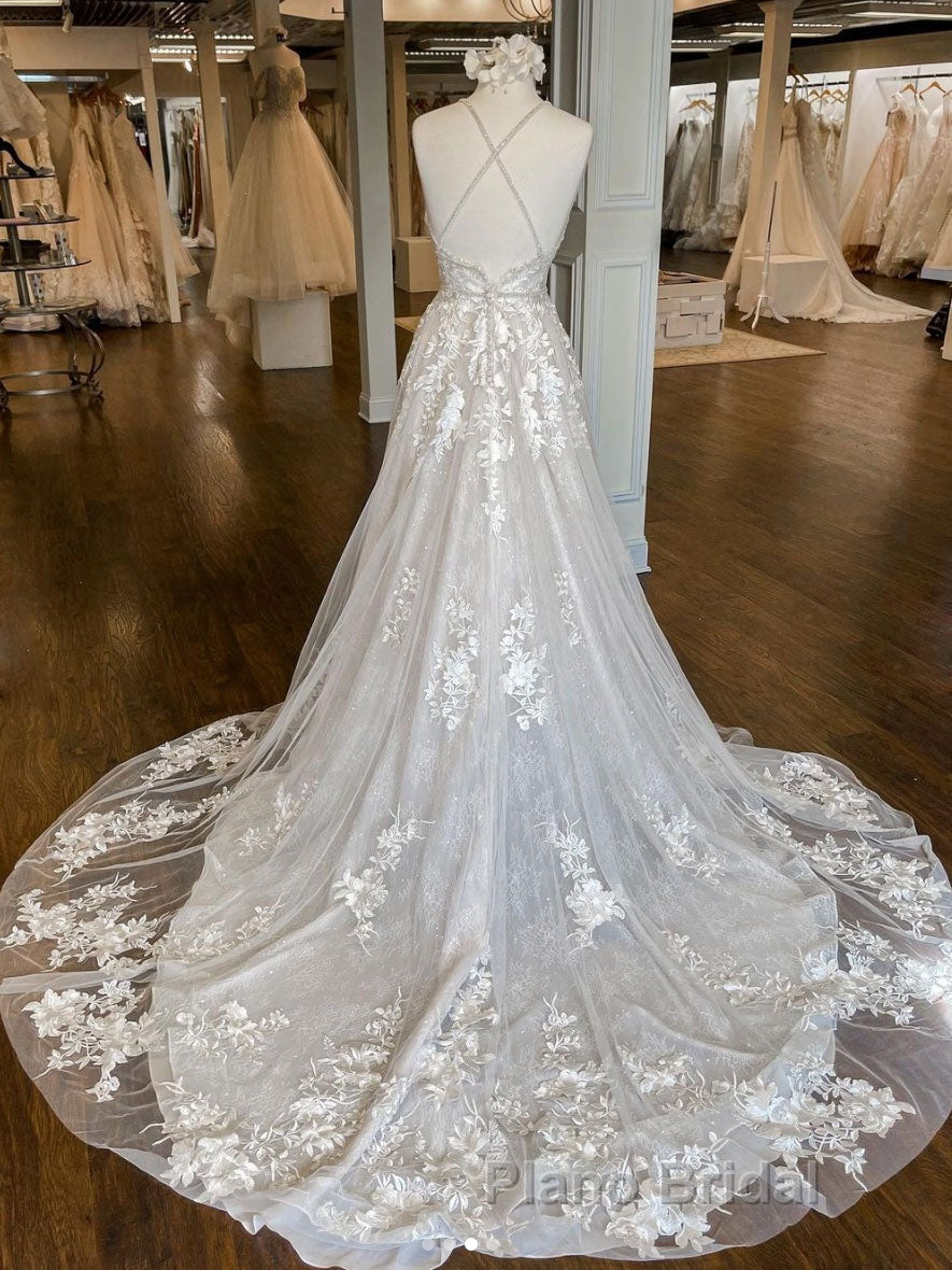 Unique v neck tulle lace long Formal Prom dress, lace wedding dress