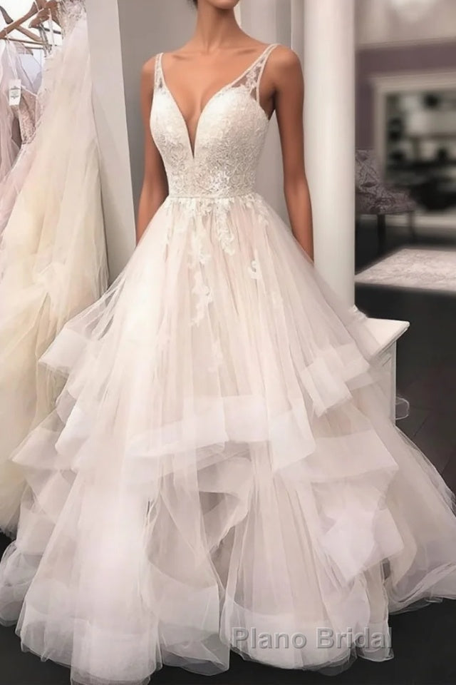 Unique v neck tulle lace long Formal Prom dress, tulle lace wedding dress Main image