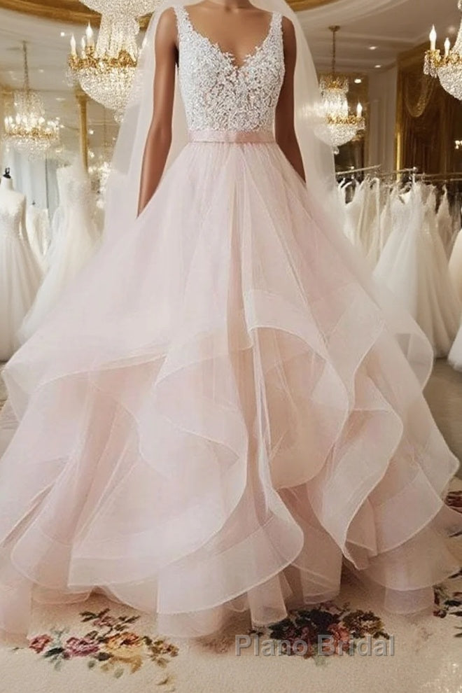 Unique v neck tulle lace long Formal Prom dress, tulle wedding dress Main image