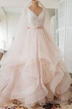 Unique v neck tulle lace long Formal Prom dress, tulle wedding dress