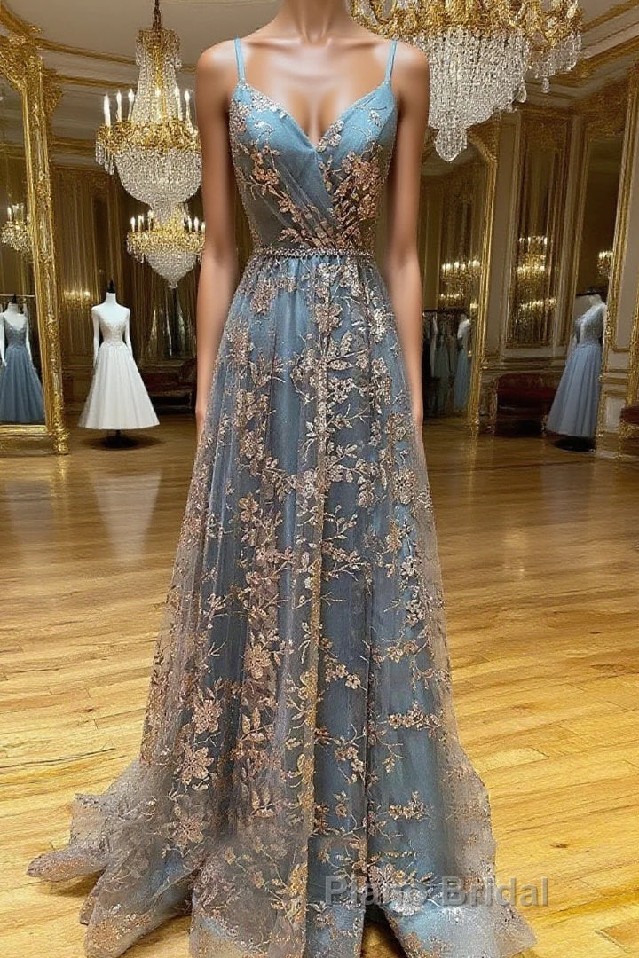 Unique v neck tulle sequin long Formal Prom dress, sequin long evening dress Main image